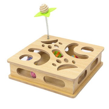Interactive Cat Puzzle Box - Wooden Hunting Game with Spring Teaser