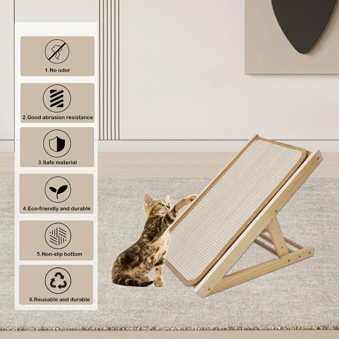 Adjustable Cat Scratcher - Angled Sisal Ramp with Solid Wood Base