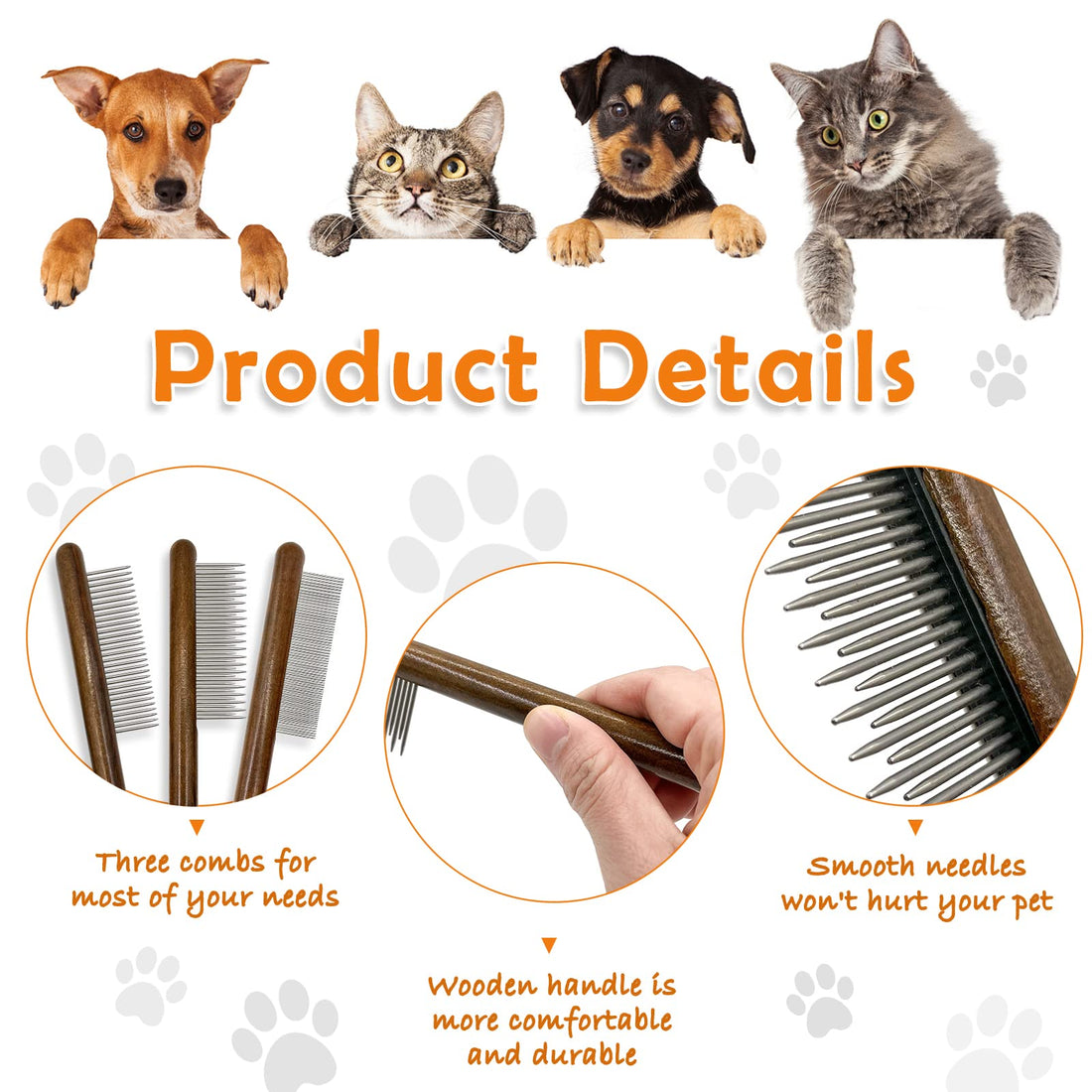 Wooden Pet Comb Set - 3-Piece Grooming Kit with Stainless Steel Teeth