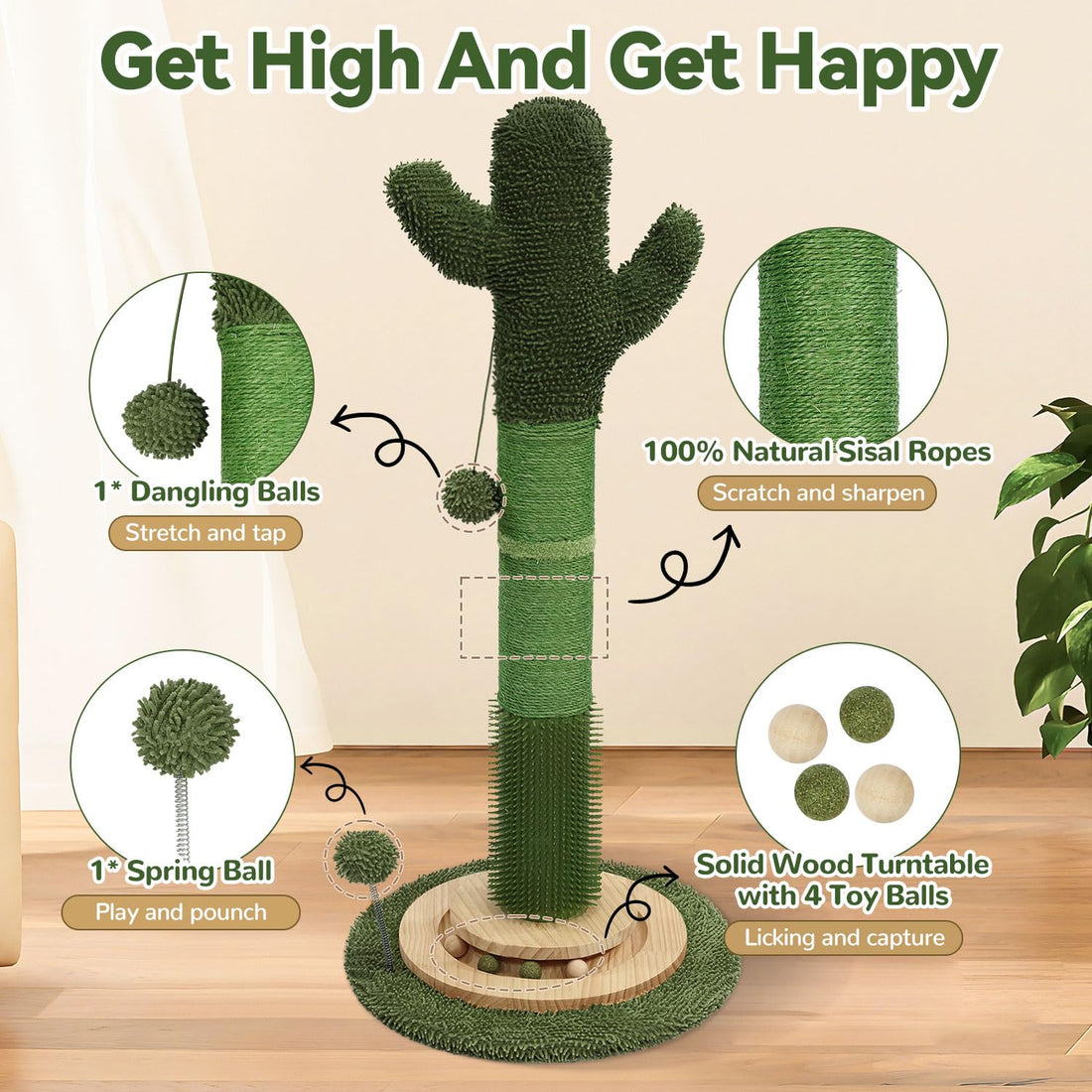 Cactus Cat Scratching Post - 5-in-1 Activity Center with Interactive Toys