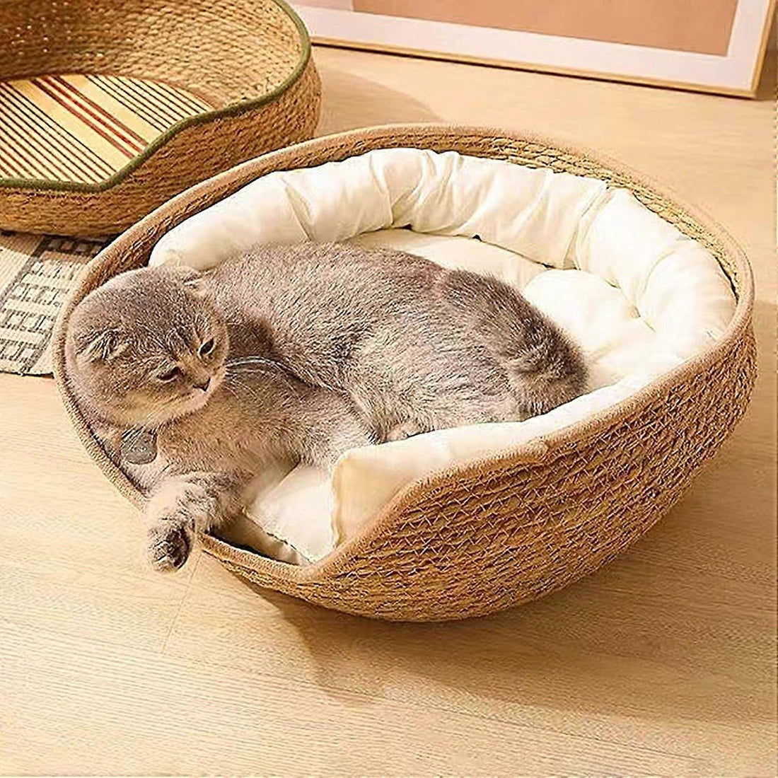 Woven Pet Bed Basket - Plush Cushioned Resting Nest with Pillow