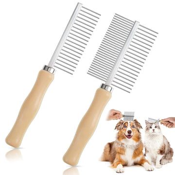Dual-Side Pet Grooming Set - Wooden Handle Stainless Steel Combs