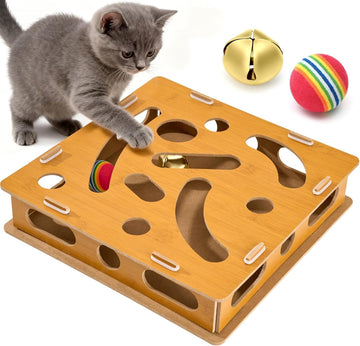 Interactive Cat Puzzle Box - Wooden Maze with Ball & Bell