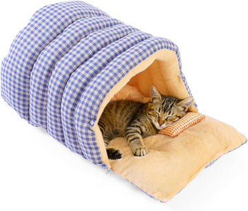 Cozy Pet Sleeping Bag - Plush Checkered Cave with Removable Mat
