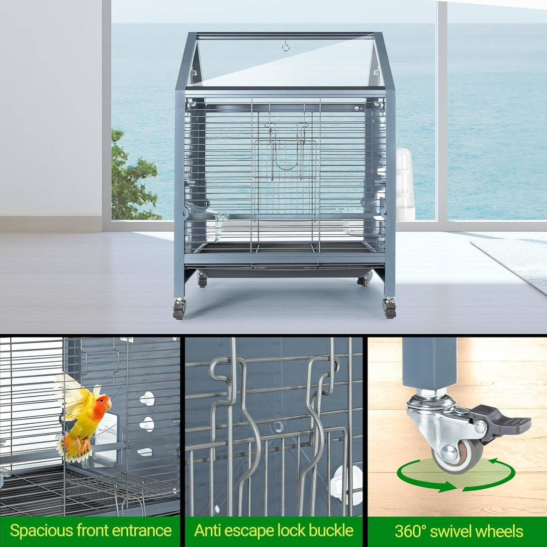Acrylic Bird Cage - Panoramic View Habitat with Rolling Stand