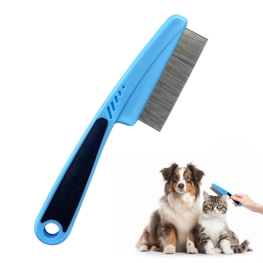 Fine-Tooth Pet Comb - Rubber Grip Flea & Dandruff Remover