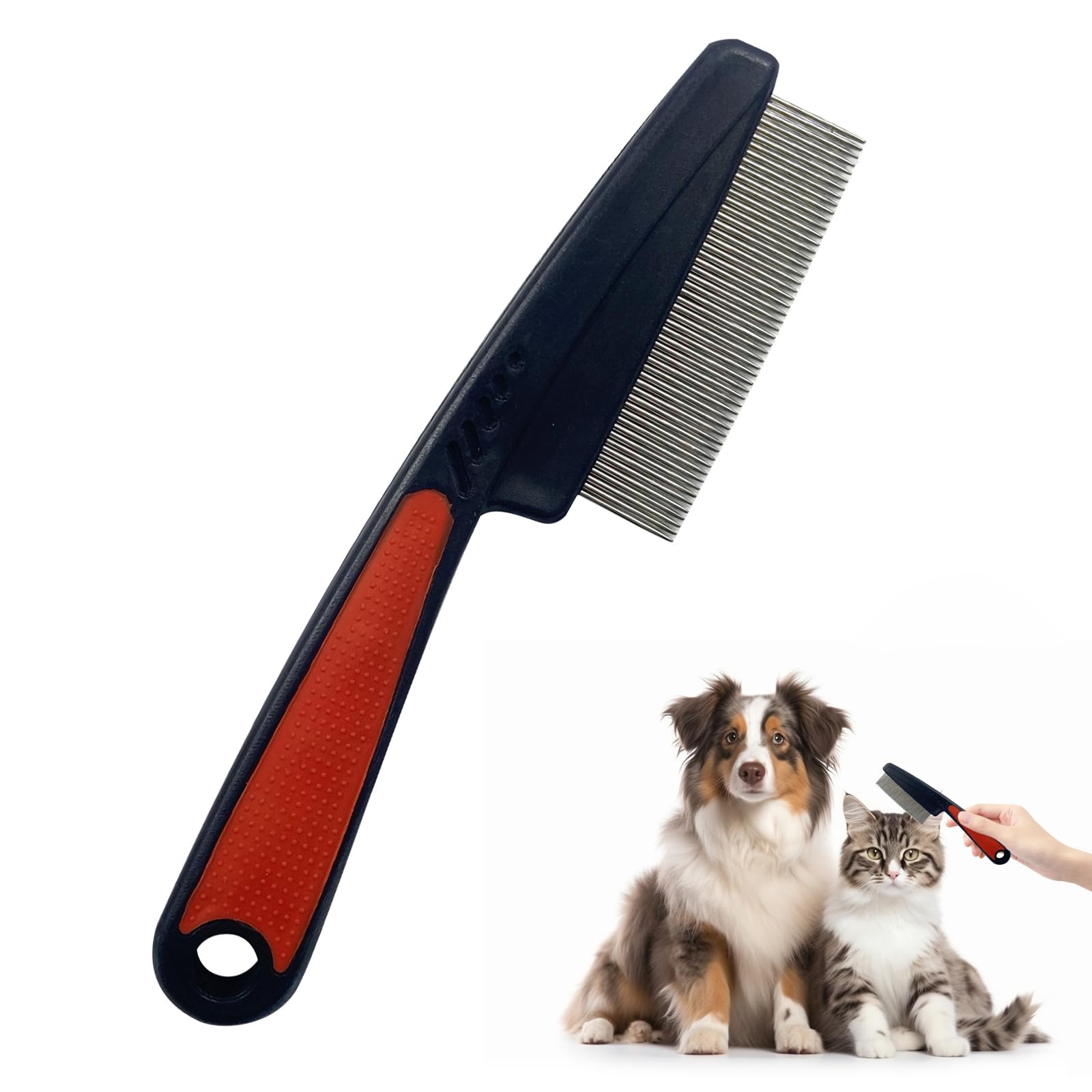 Fine-Tooth Pet Comb - Rubber Grip Flea & Dandruff Remover