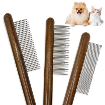 Wooden Pet Comb Set - 3-Piece Grooming Kit with Stainless Steel Teeth