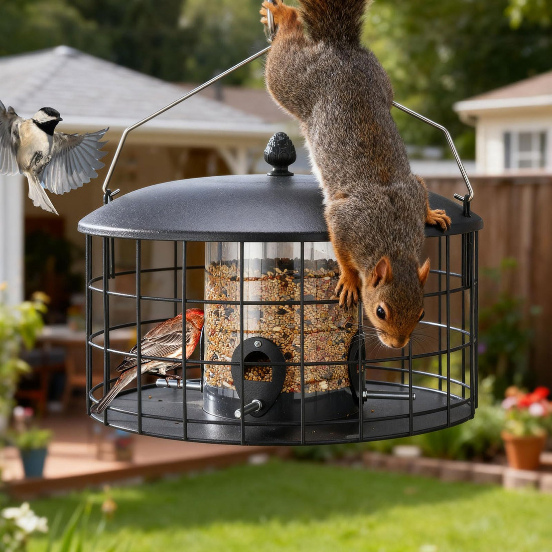 Caged Bird Feeder - Squirrel Proof Tube with Metal Mesh