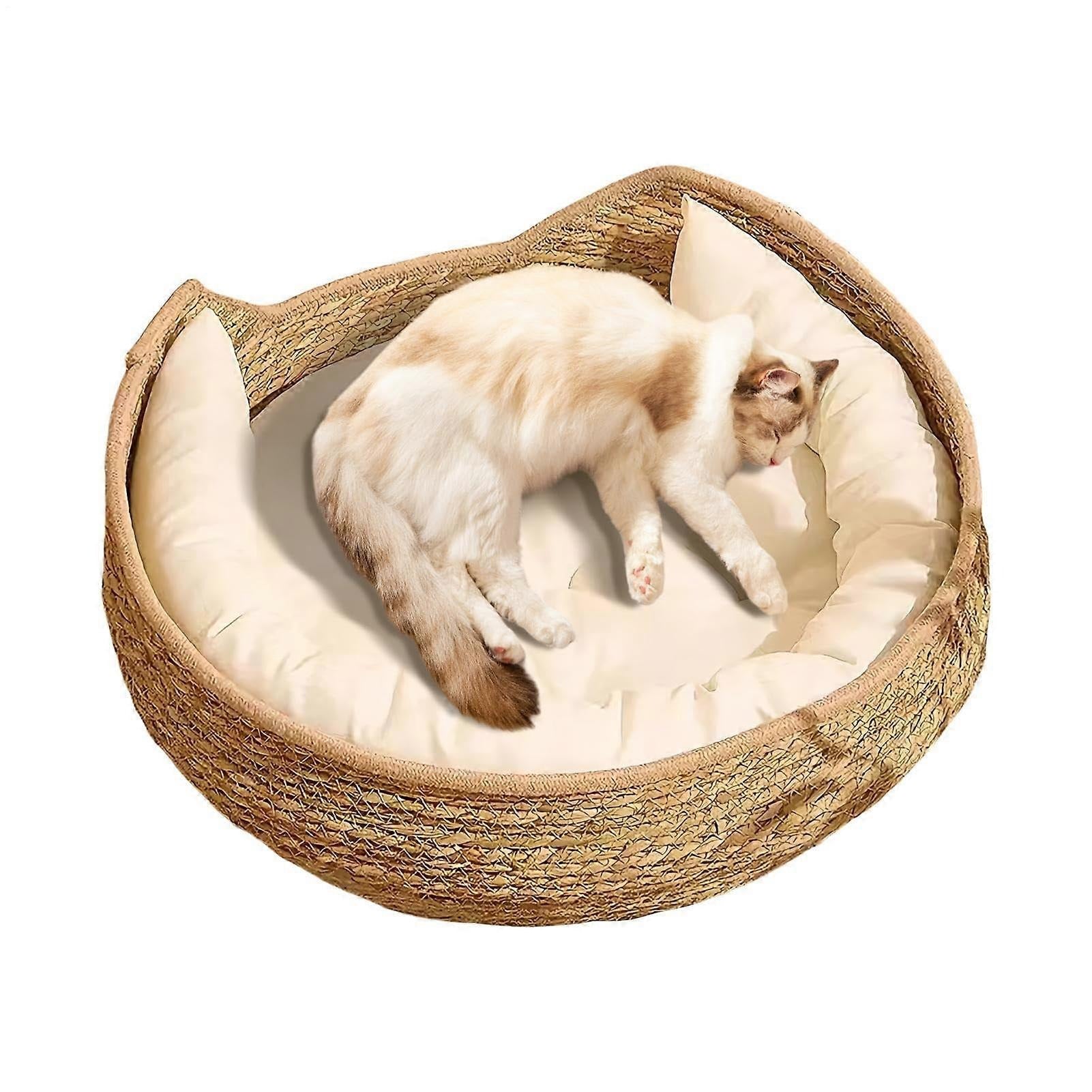 Woven Pet Bed Basket - Plush Cushioned Resting Nest with Pillow