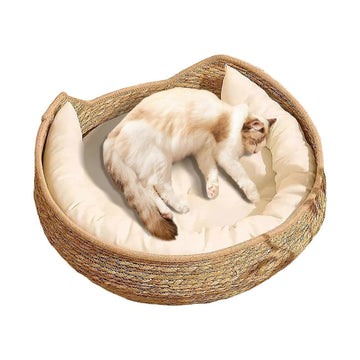 Woven Pet Bed Basket - Plush Cushioned Resting Nest with Pillow