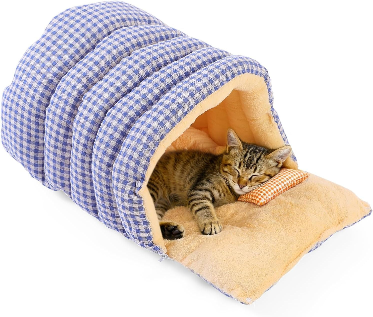 Cozy Pet Sleeping Bag - Plush Checkered Cave with Removable Mat