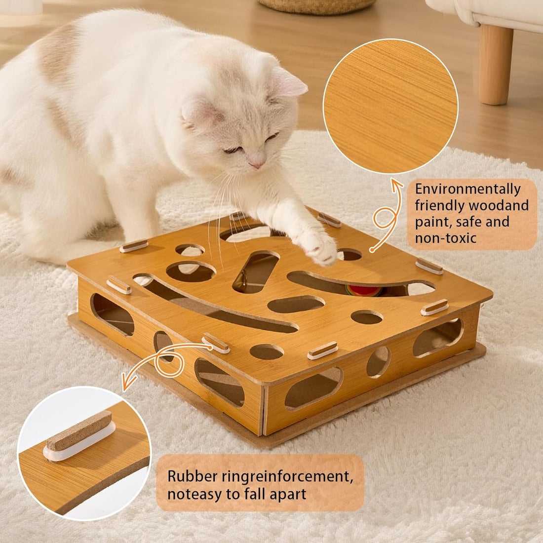 Interactive Cat Puzzle Box - Wooden Maze with Ball & Bell