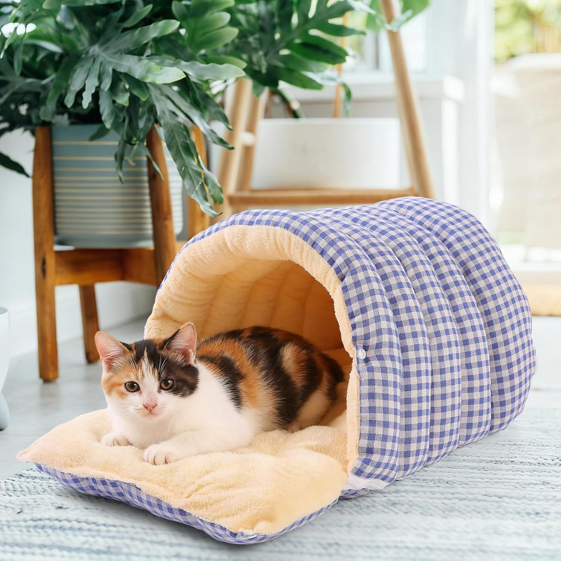 Cozy Pet Sleeping Bag - Plush Checkered Cave with Removable Mat