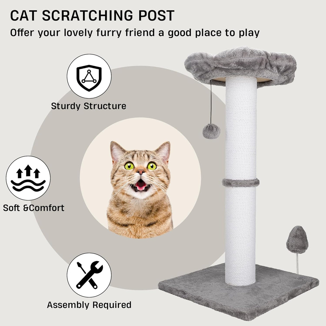 Tall Cat Scratching Post - Sisal-Covered Tower with Removable Perch